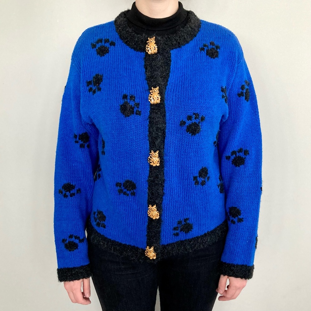Vintage Belle Pointe cat knit wool-blend cardigan sweater. 💙